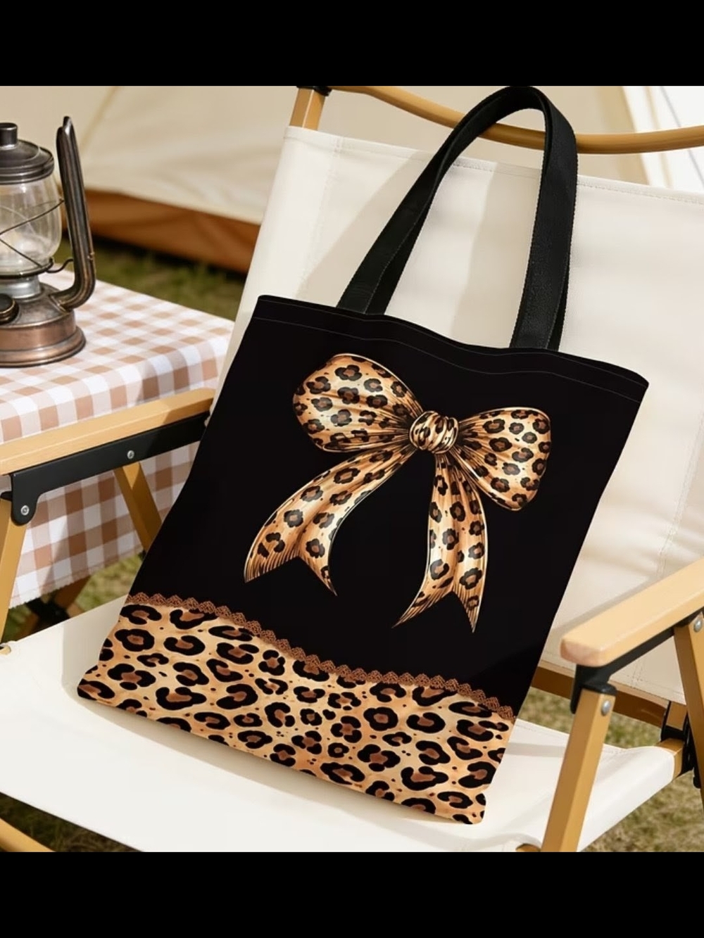 Black Leopard Bow Tote Bag - Stylish Women's Tote - Picture 2 of 5